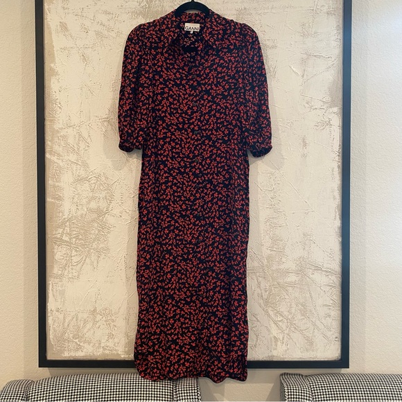 Ganni Dresses & Skirts - GANNI Black and Red Leaf Print Crepe Shirt Dress